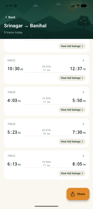 Search results listing nine trains between Srinagar and Banihal with departure and arrival times