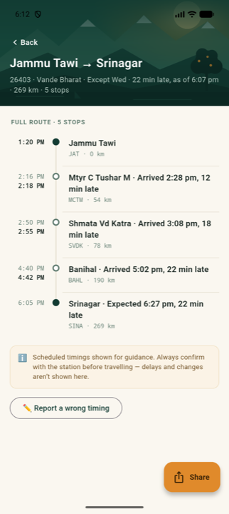 Vande Bharat Express route from Jammu Tawi to Srinagar with revised expected arrival times